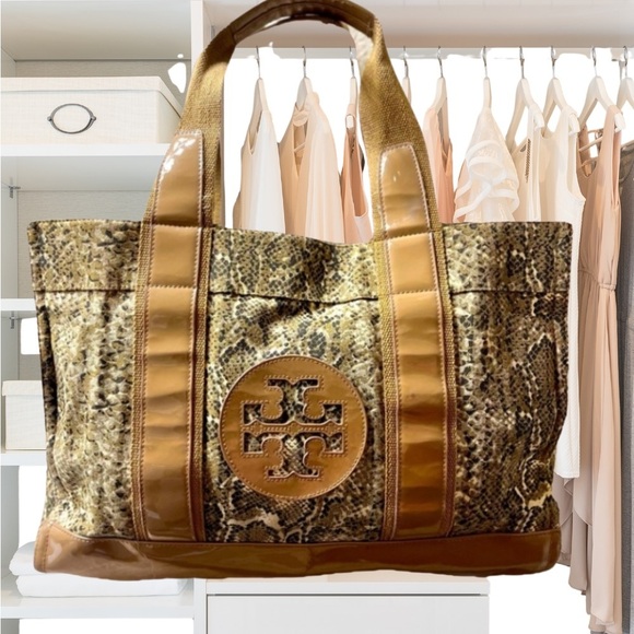Tory Burch Women’s Snakeskin Canvas & Caramel Patent Leather Shoulder Tote - Picture 1 of 15